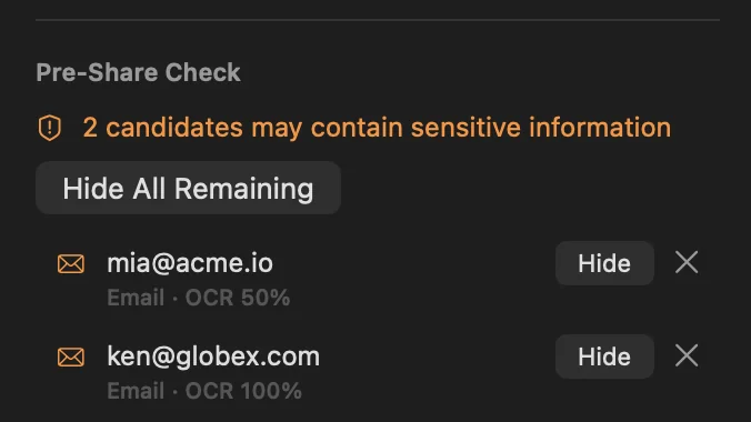 Pre-Share Check panel listing two detected email addresses