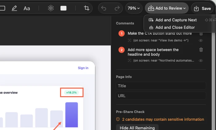 Add to Review menu opened in the editor