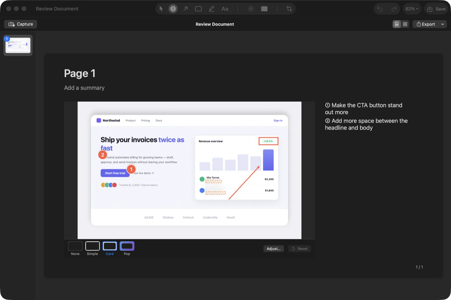 Review document organizer with a captured page and its comments